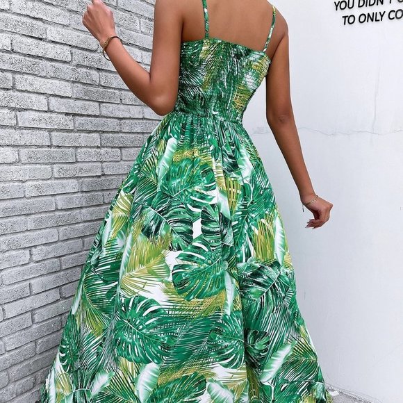 Green Boho Womens Tropical Print Shirred Split Thigh Cami Dress - Picture 3 of 5